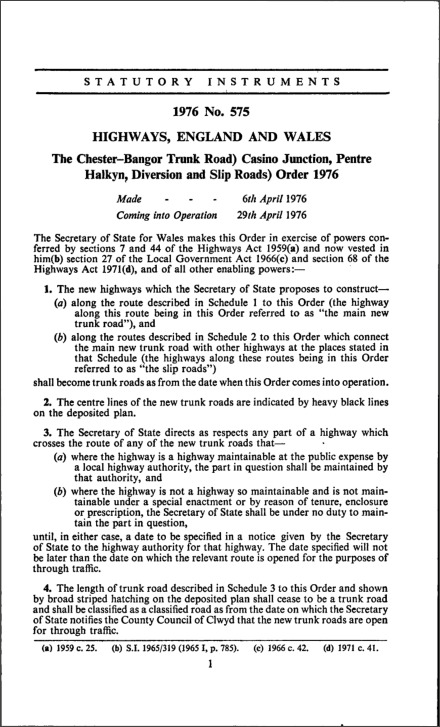 The Chester-Bangor Trunk Road) Casino Junction, Pentre Halkyn, Diversion and Slip Roads) Order 1976