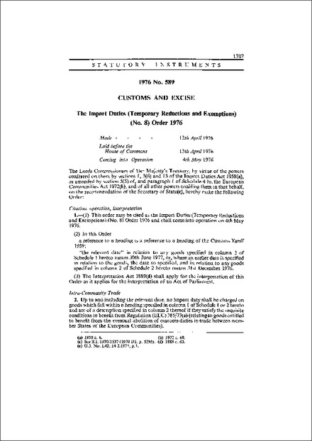 The Import Duties (Temporary Reductions and Exemptions) (No. 8) Order 1976