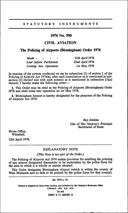 The Policing of Airports (Birmingham) Order 1976