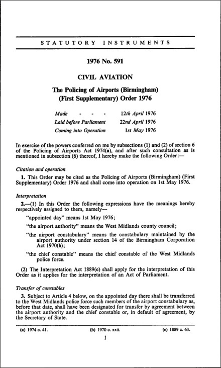 The Policing of Airports (Birmingham) (First Supplementary) Order 1976