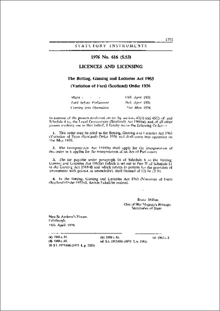 The Betting, Gaming and Lotteries Act 1963 (Variation of Fees) (Scotland) Order 1976