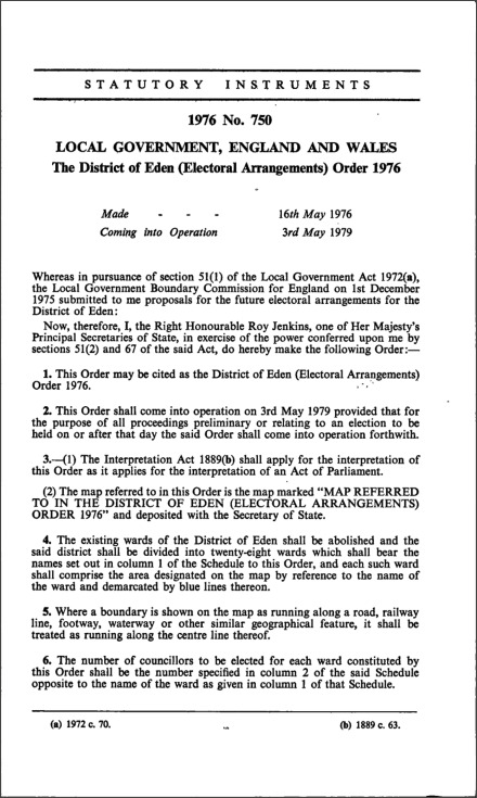 The District of Eden (Electoral Arrangements) Order 1976