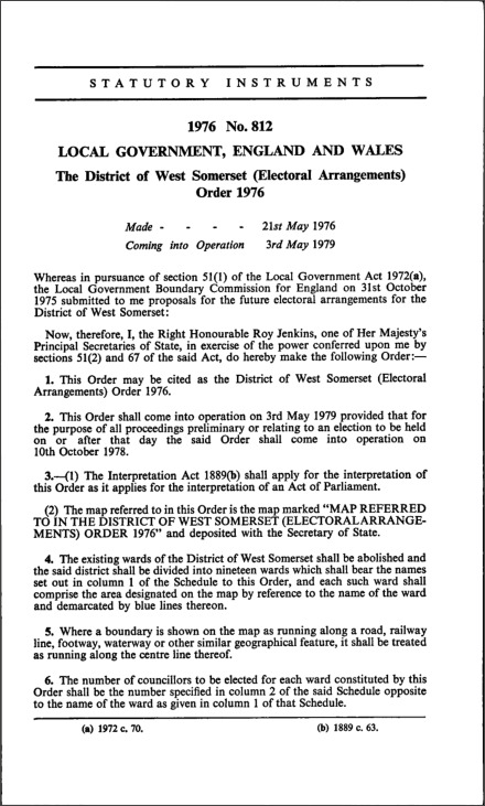 The District of West Somerset (Electoral Arrangements) Order 1976
