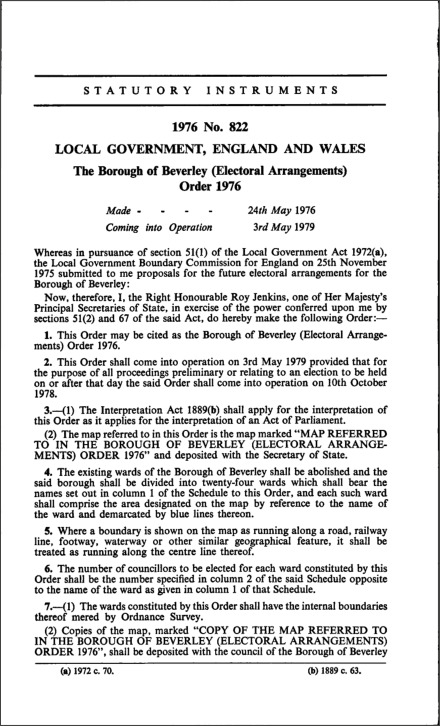 The Borough of Beverley (Electoral Arrangements) Order 1976