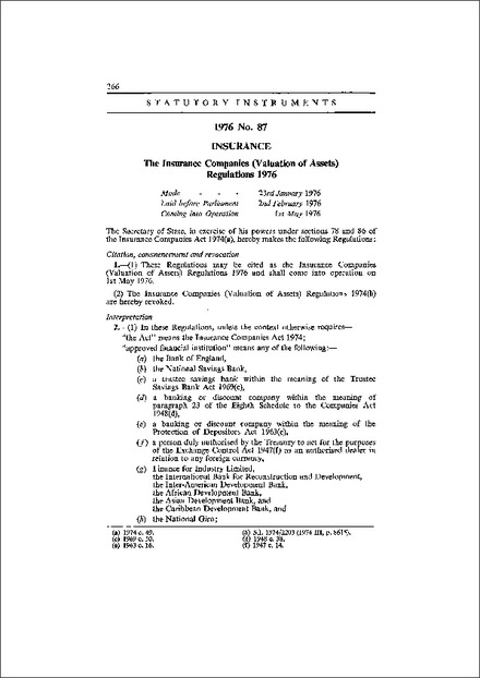The Insurance Companies (Valuation of Assets) Regulations 1976