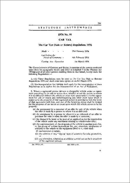 The Car Tax (Sale or Return) Regulations 1976