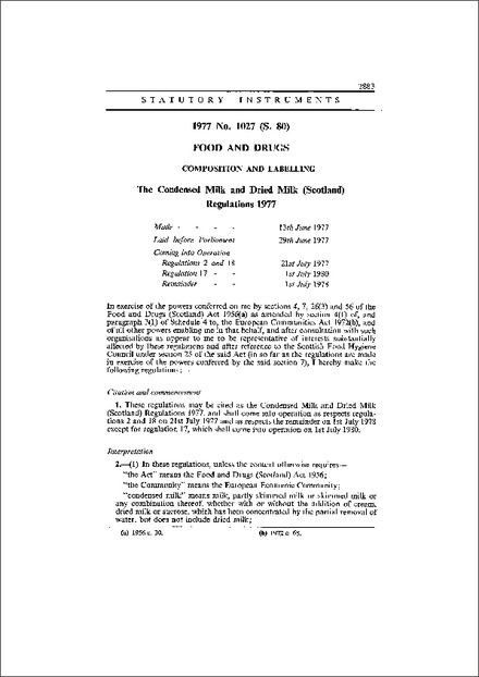 The Condensed Milk and Dried Milk (Scotland) Regulations 1977