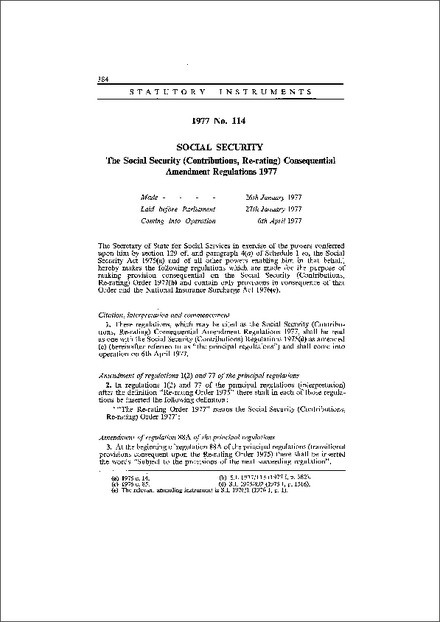 The Social Security (Contributions, Re-rating) Consequential Amendment Regulations 1977