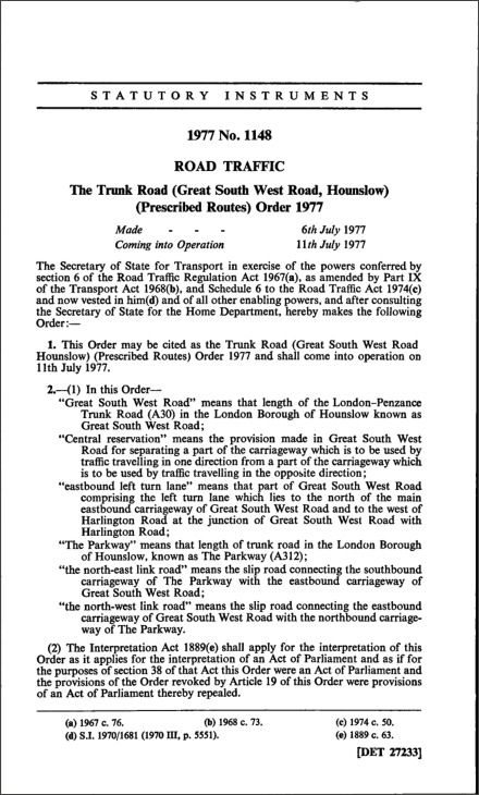 The Trunk Road (Great South West Road, Hounslow) (Prescribed Routes) Order 1977