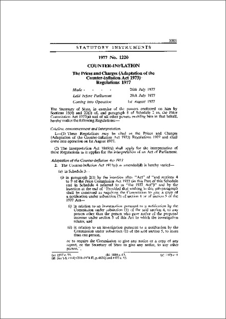 The Prices and Charges (Adaptation of the Counter-Inflation Act 1973) Regulations 1977