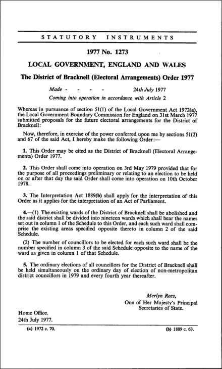 The District of Bracknell (Electoral Arrangements) Order 1977