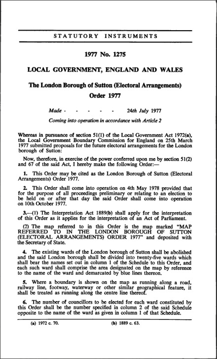 The London Borough of Sutton (Electoral Arrangements) Order 1977