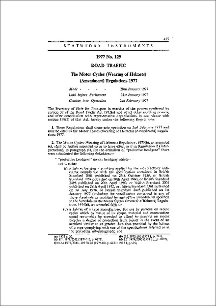 The Motor Cycles (Wearing of Helmets) (Amendment) Regulations 1977