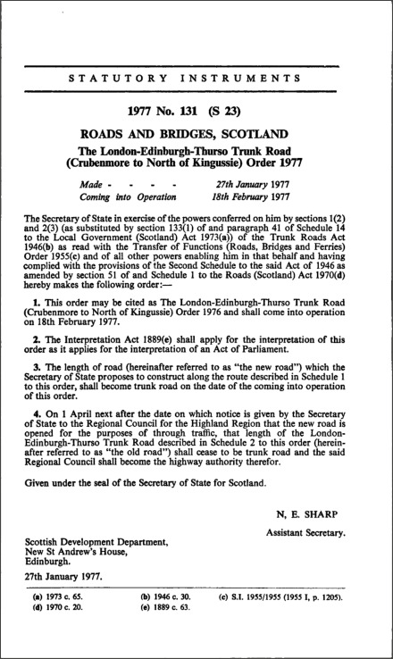 The London-Edinburgh-Thurso Trunk Road (Crubenmore to North of Kingussie) Order 1977