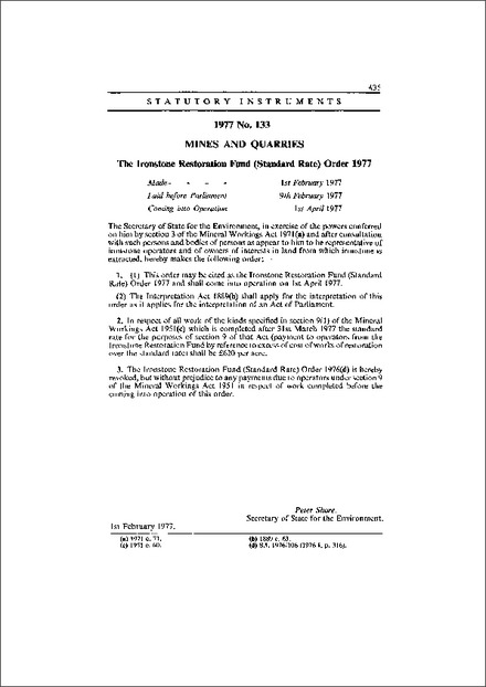 The Ironstone Restoration Fund (Standard Rate) Order 1977