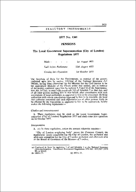 The Local Government Superannuation (City of London) Regulations 1977