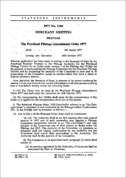 The Peterhead Pilotage (Amendment) Order 1977