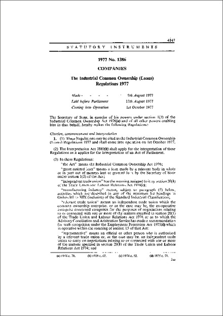 The Industrial Common Ownership (Loans) Regulations 1977