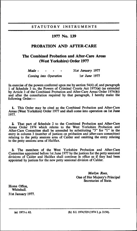 The Combined Probation and After-Care Areas (West Yorkshire) Order 1977