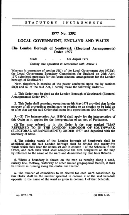 The London Borough of Southwark (Electoral Arrangements) Order 1977