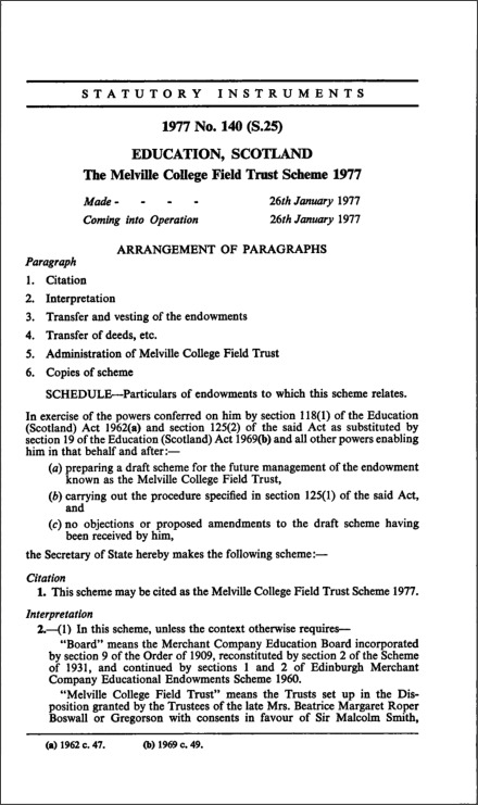 The Melville College Field Trust Scheme 1977