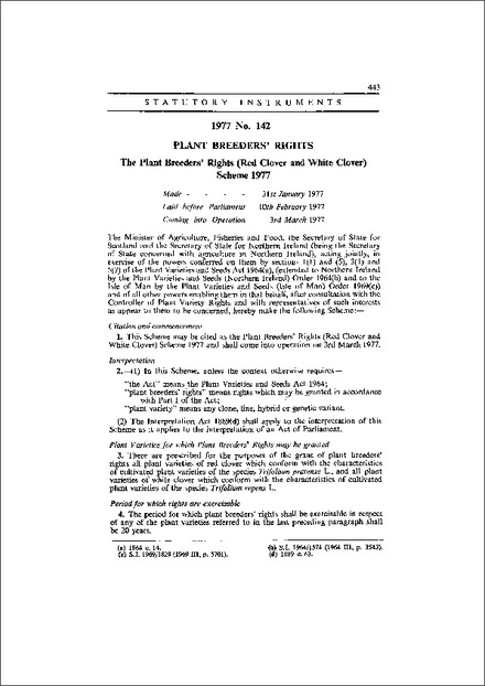 The Plant Breeders' Rights (Red Clover and White Clover) Scheme 1977