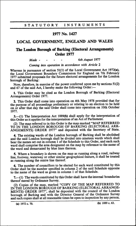 The London Borough of Barking (Electoral Arrangements) Order 1977