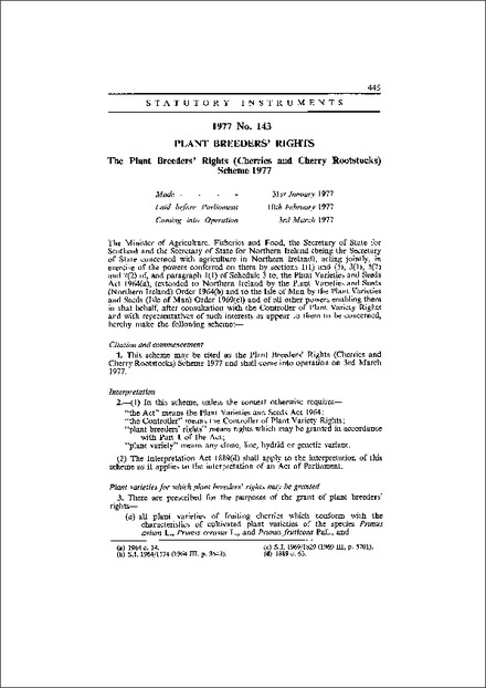 The Plant Breeders' Rights (Cherries and Cherry Rootstocks) Scheme 1977