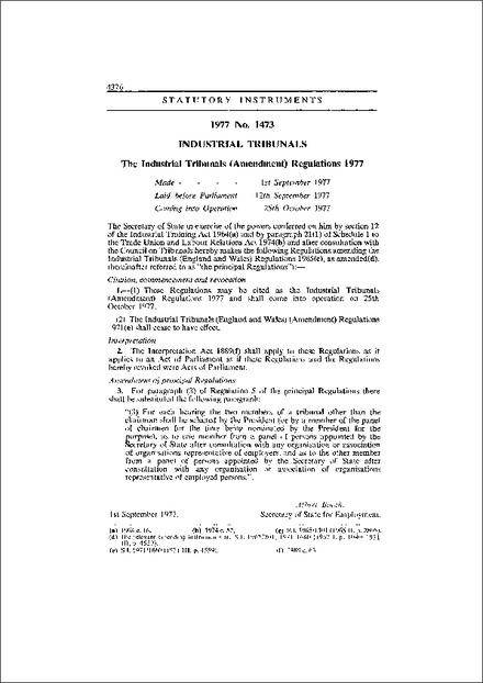The Industrial Tribunals (Amendment) Regulations 1977