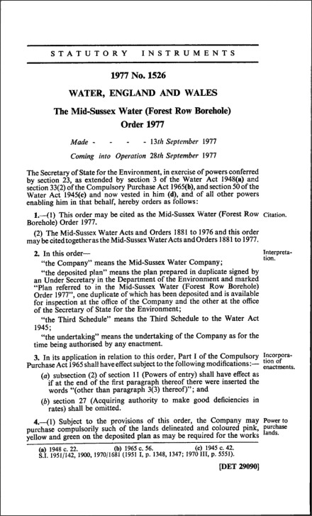 The Mid-Sussex Water (Forest Rew Borehole) Order 1977