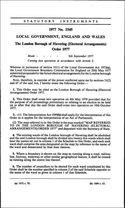 The London Borough of Havering (Electoral Arrangements) Order 1977