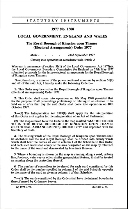 The Royal Borough of Kingston upon Thames (Electoral Arrangements) Order 1977