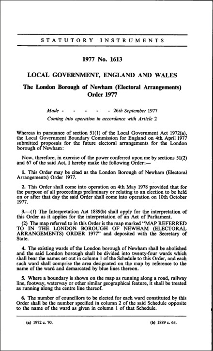 The London Borough of Newham (Electoral Arrangements) Order 1977