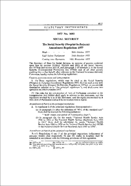 The Social Security (Hospital In-Patients) Amendment Regulations 1977