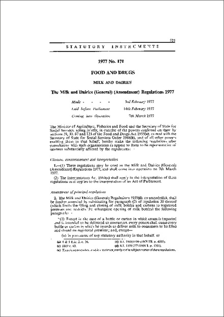 The Milk and Dairies (General) (Amendment) Regulations 1977