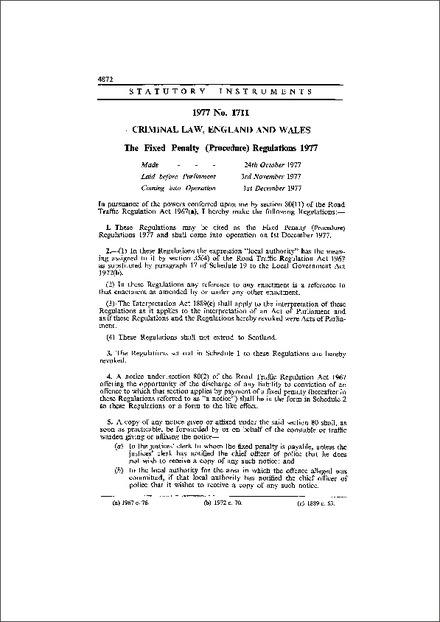 The Fixed Penalty (Procedure) Regulations 1977