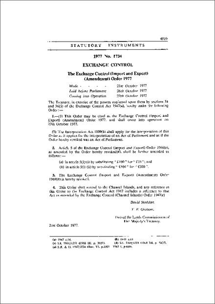 The Exchange Control (Import and Export) (Amendment) Order 1977