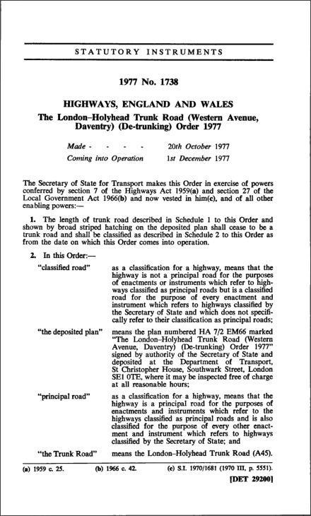 The London—Holyhead Trunk Road (Western Avenue, Daventry) (De-trunking) Order 1977