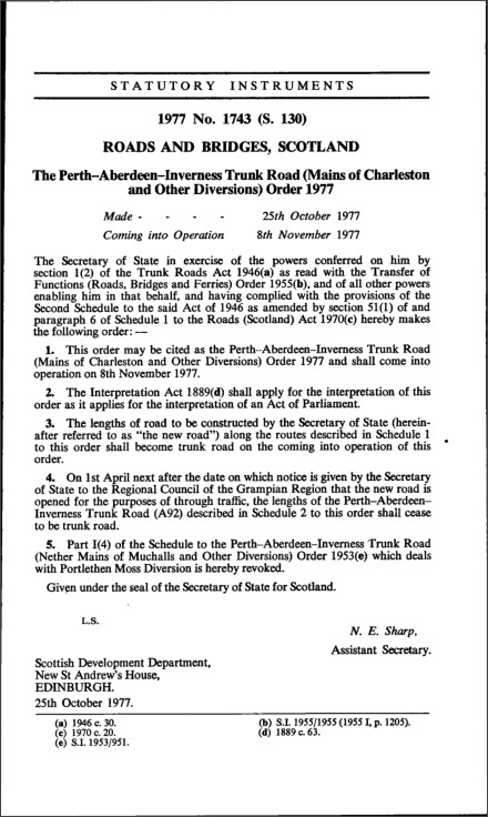 The Perth-Aberdeen-Inverness Trunk Road (Mains of Charleston and Other Diversions) Order 1977