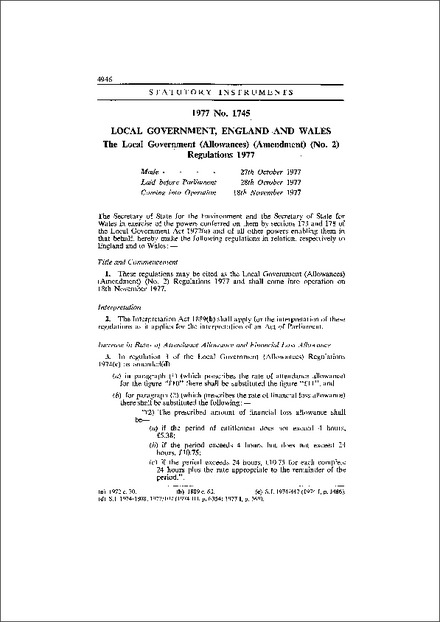 The Local Government (Allowances) (Amendment) (No. 2) Regulations 1977