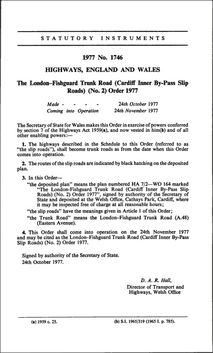 The London—Fishguard Trunk Road (Cardiff Inner By-Pass Slip Roads) (No. 2) Order 1977