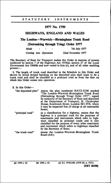 The London—Warwick—Birmingham Trunk Road (Detrunking through Tring) Order 1977