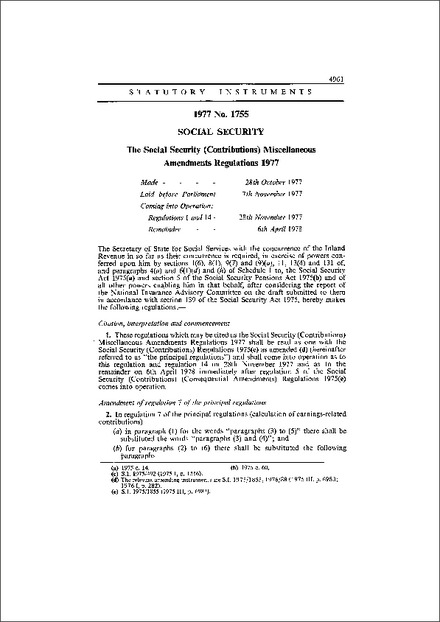 The Social Security (Contributions) Miscellaneous Amendments Regulations 1977