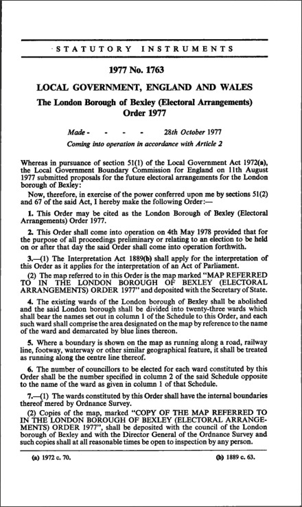 The London Borough of Bexley (Electoral Arrangements) Order 1977