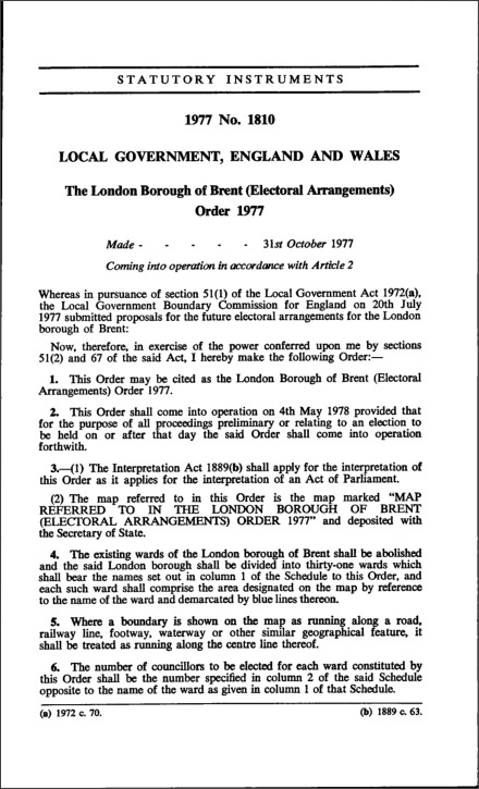 The London Borough of Brent (Electoral Arrangements) Order 1977
