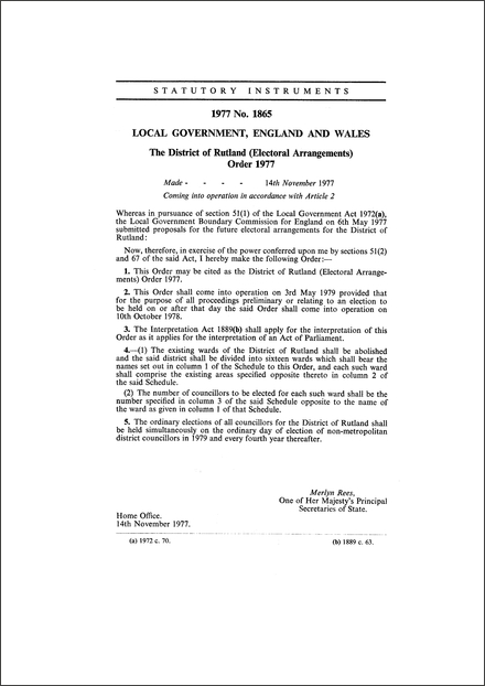 The District of Rutland (Electoral Arrangements) Order 1977