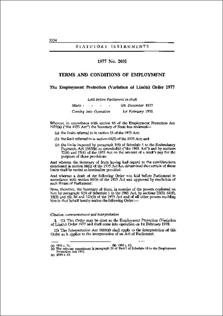 The Employment Protection (Variation of Limits) Order 1977