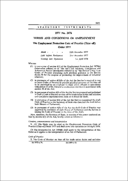 The Employment Protection Code of Practice (Time off) Order 1977