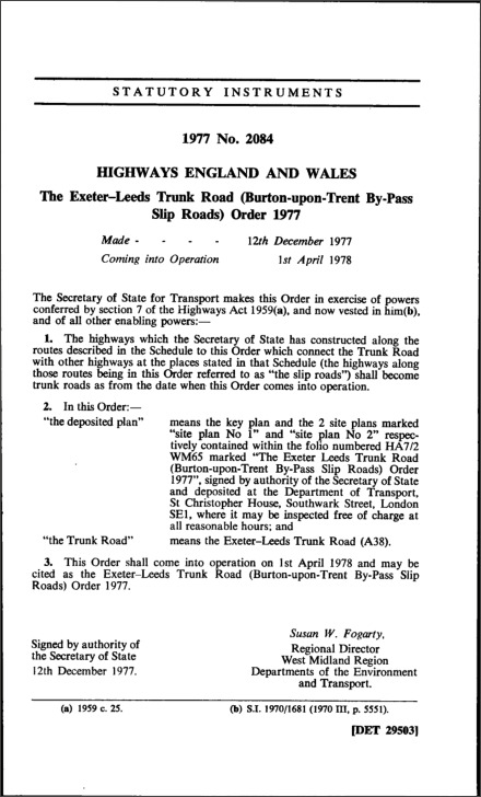 The Exeter-Leeds Trunk Road (Burton-upon-Trent By-Pass Slip Roads) Order 1977