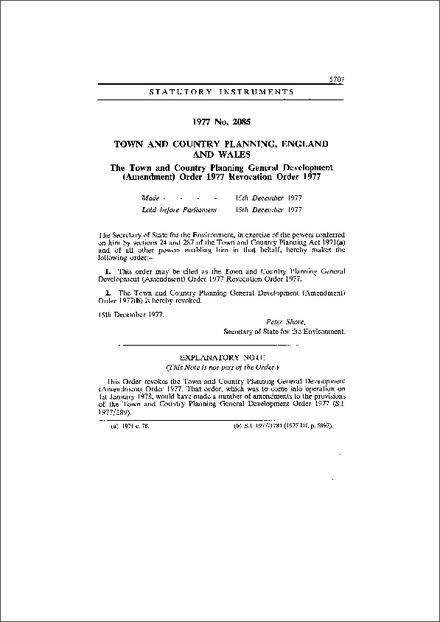 The Town and Country Planning General Development (Amendment) Order 1977 Revocation Order 1977